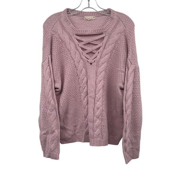 It's Our Time Cable Knit Sweater Criss Cross Neck Long Sleeve Pink Size Large - Picture 1 of 9
